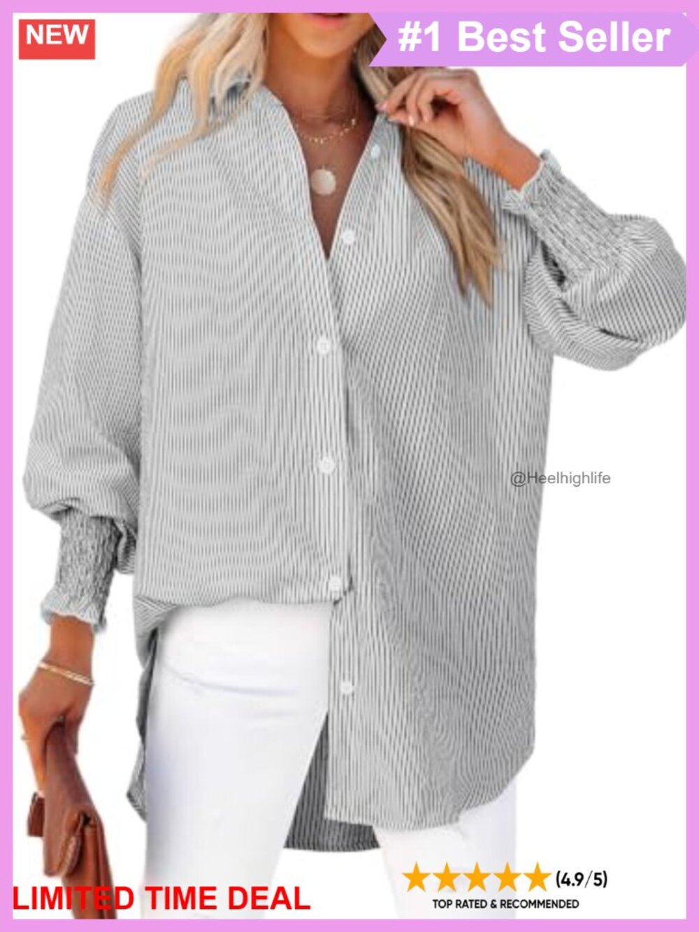 Striped Button Down Shirt Long Sleeve Smocked Cuff Oversized Blouse